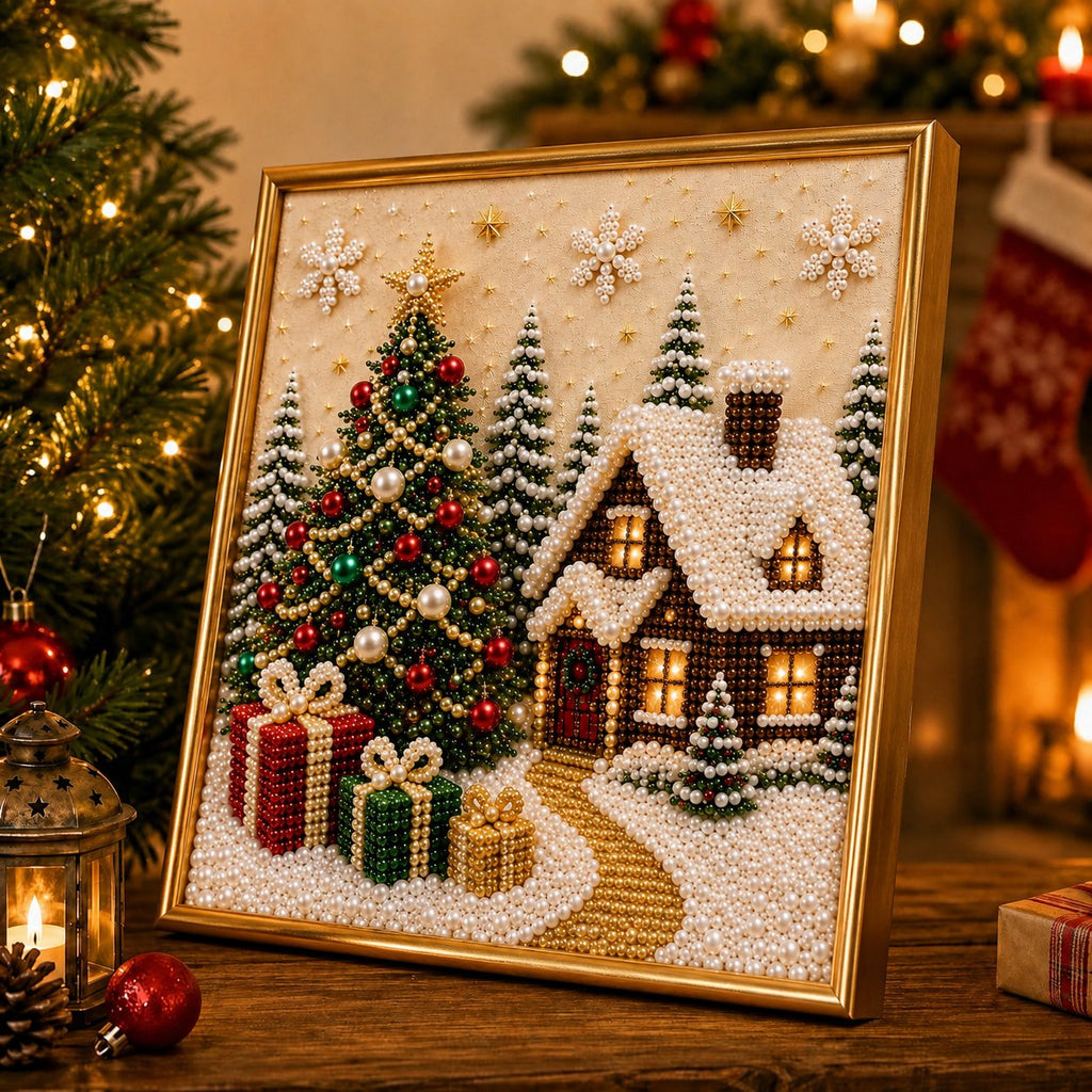 🎄🎅 Premium 3D Pearl Christmas Wall Art Kit | Luxury Flocked Canvas with Scratch-Resistant Non-Fading Pearl Beads DIY Holiday Decor ⛄️❄️