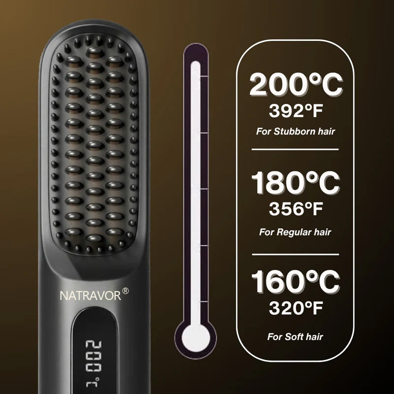 Black Compact Portable Heated Comb Straightener - USB Type-C Charge, 3 Heat Modes, Lightweight Wireless Adjustable Tool for Smooth, Frizz-Free Hair (Portable Hair Straightener for Travel)