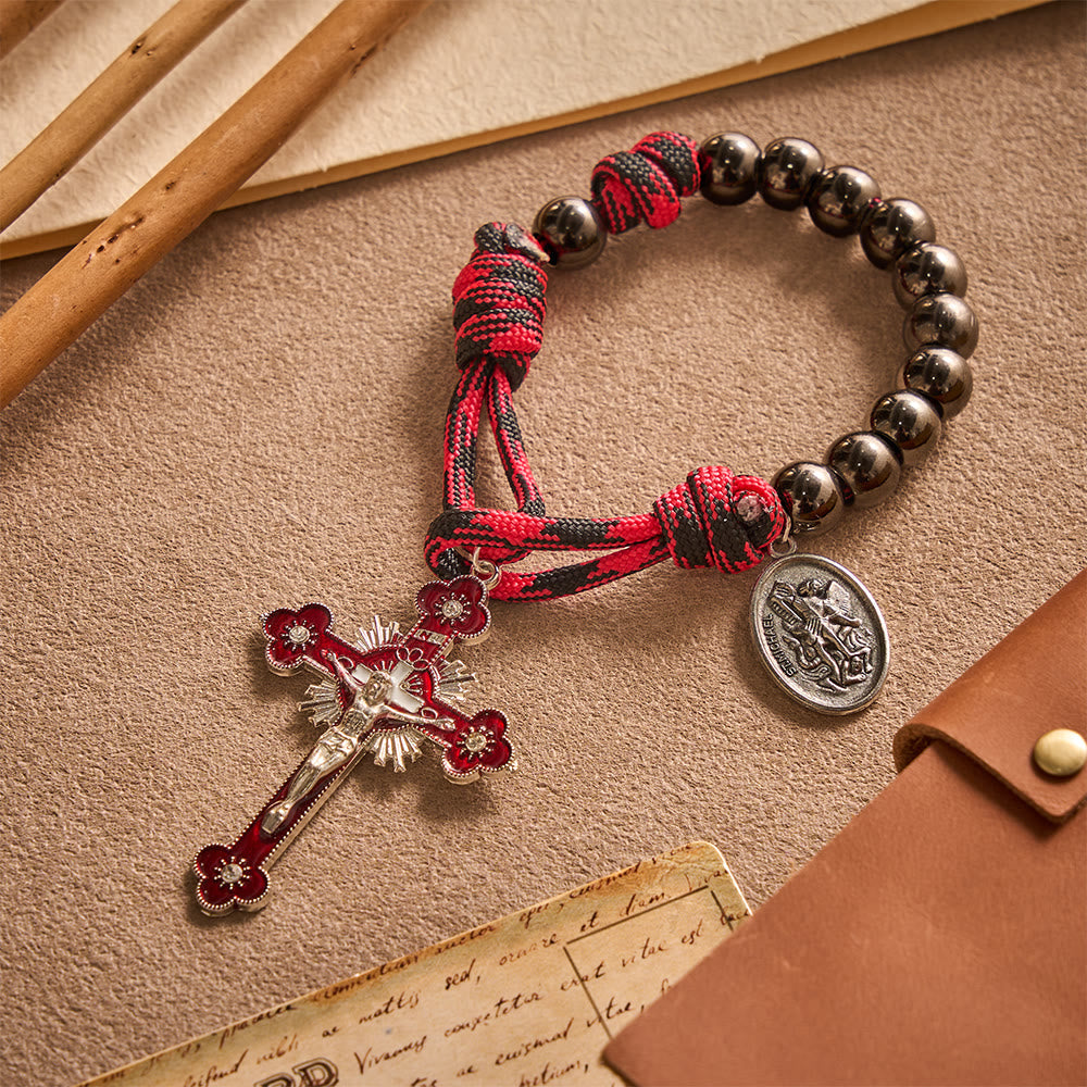 Solacebeads Gunmetal Bead Car Rosary & Red Enamel Crucifix: Rooted In St. Michael Protection