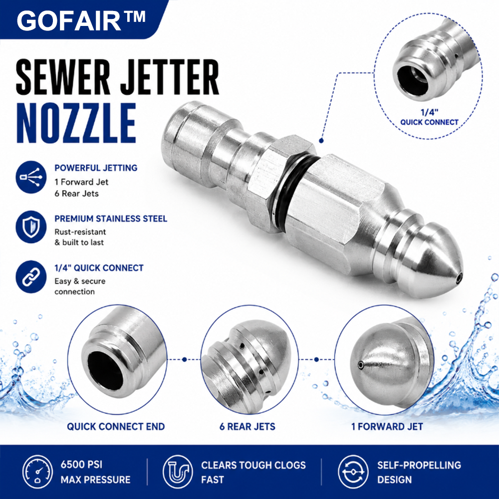 6500 PSI Stainless Steel Sewer Jetter Nozzle – 1/4" Quick Connect Drain Cleaning Attachment for Pressure Washers