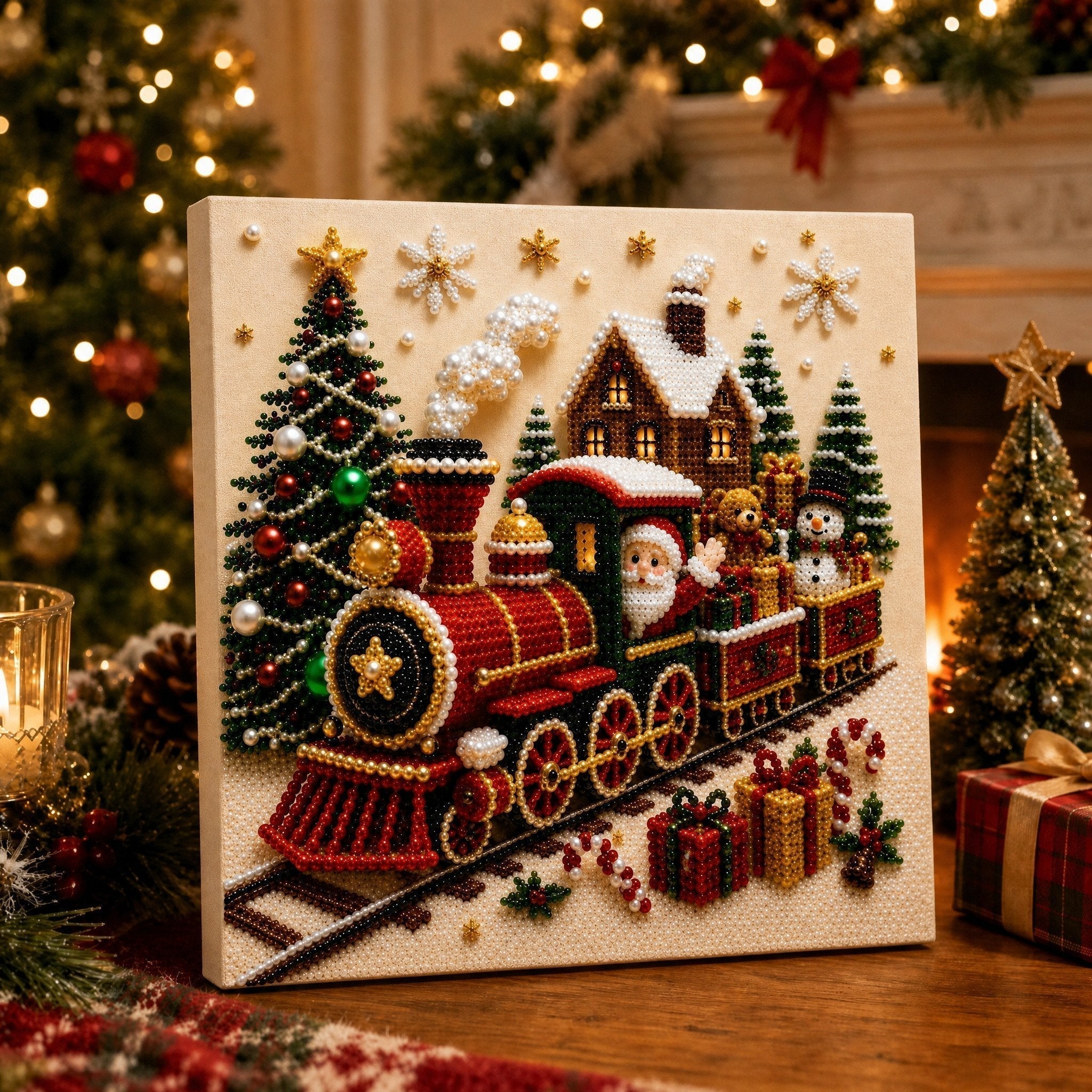 🎄🎅 Premium 3D Pearl Christmas Wall Art Kit | Luxury Flocked Canvas with Scratch-Resistant Non-Fading Pearl Beads DIY Holiday Decor ⛄️❄️