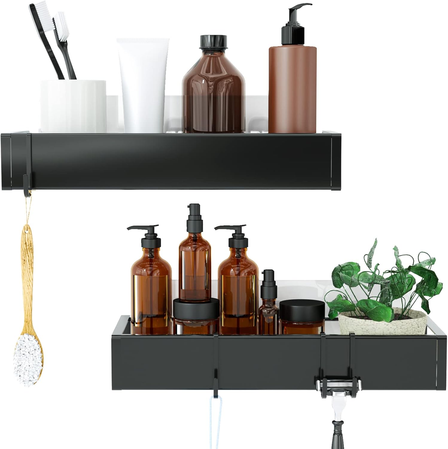 Bathroom Adhesive Shower Caddy Basket Shelf with Hooks, No Drilling Removable Bathroom Shelf Organizer,Stainless Steel Rustproof Shower Rack for Shampoo Storage, Sponge Holder-Silver