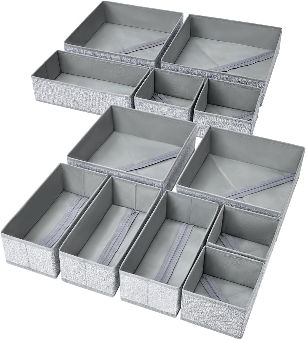 Drawer Organizer Clothes, 12 Pack Dresser Organizer, Foldable Closet Organizers and Storage, Fabric Dresser Bins, Drawer Dividers for Nursery, Baby Clothes, Underwears, Sock (Beige)