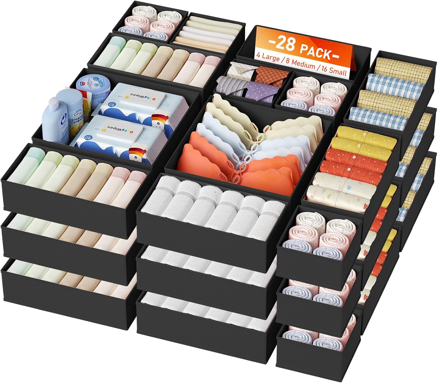 Drawer Organizer Clothes, 12 Pack Dresser Organizer, Foldable Closet Organizers and Storage, Fabric Dresser Bins, Drawer Dividers for Nursery, Baby Clothes, Underwears, Sock (Beige)