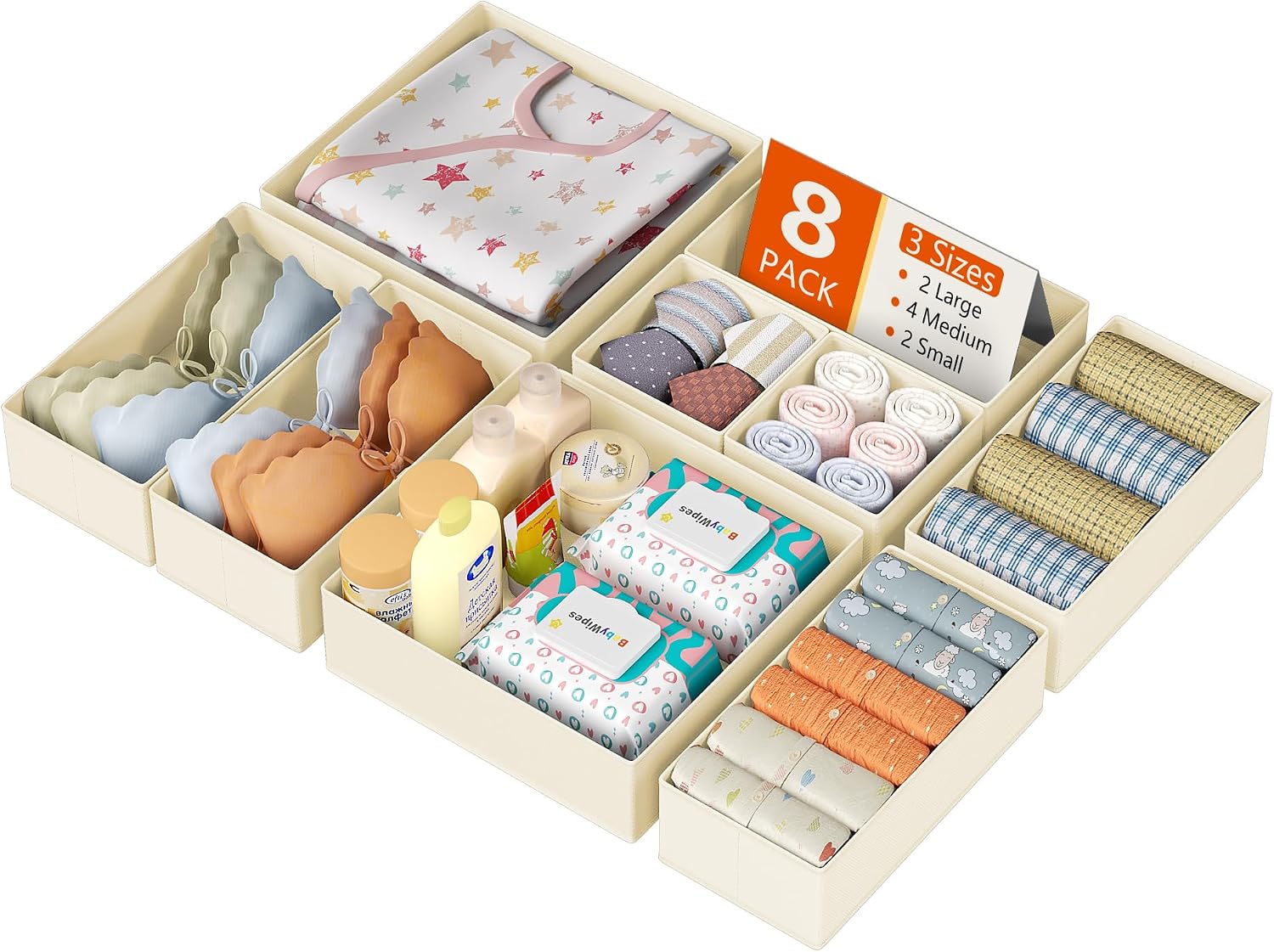 Drawer Organizer Clothes, 12 Pack Dresser Organizer, Foldable Closet Organizers and Storage, Fabric Dresser Bins, Drawer Dividers for Nursery, Baby Clothes, Underwears, Sock (Beige)