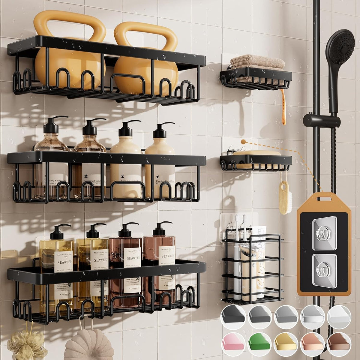 Shower Caddy 6-Pack, Advanced Rustproof Design, No Drilling Adhesive Shelves, Rack with Soap Holder, Large Capacity Bathroom Organizers and Storage, Wall-Mounted Kitchen & Home Decor