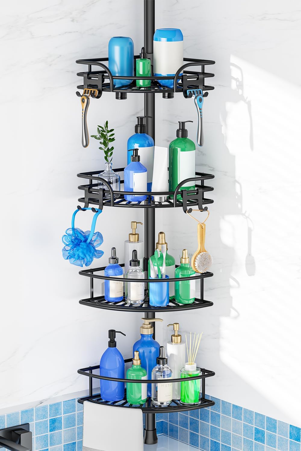 Corner Shower Caddy Tension Pole: 4-Tier Large Capacity Bathroom Organizer Shelf with Towel Bar - Rustproof No-Drill Adjustable 47-123 inch Storage for Renters, Home Bathtub Stand Rack, Black