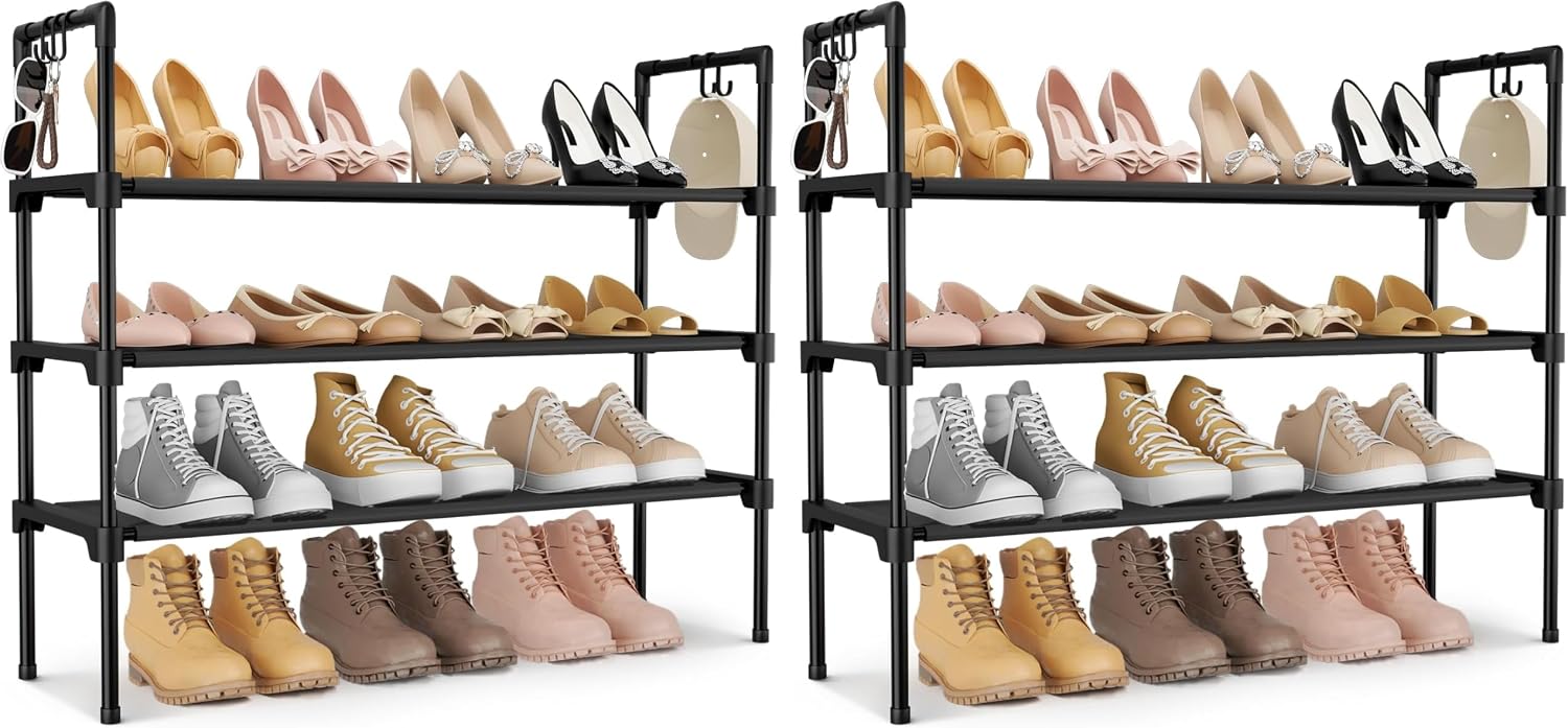 3 Tier Shoe Rack for Closet, Shoe Organizer with 5 Hooks, Long Shoe Shelf Storage for Sneaker and Boot Stackable Free Standing Shoe Rack for Entryway, Garage, Small Spaces, Dorm
