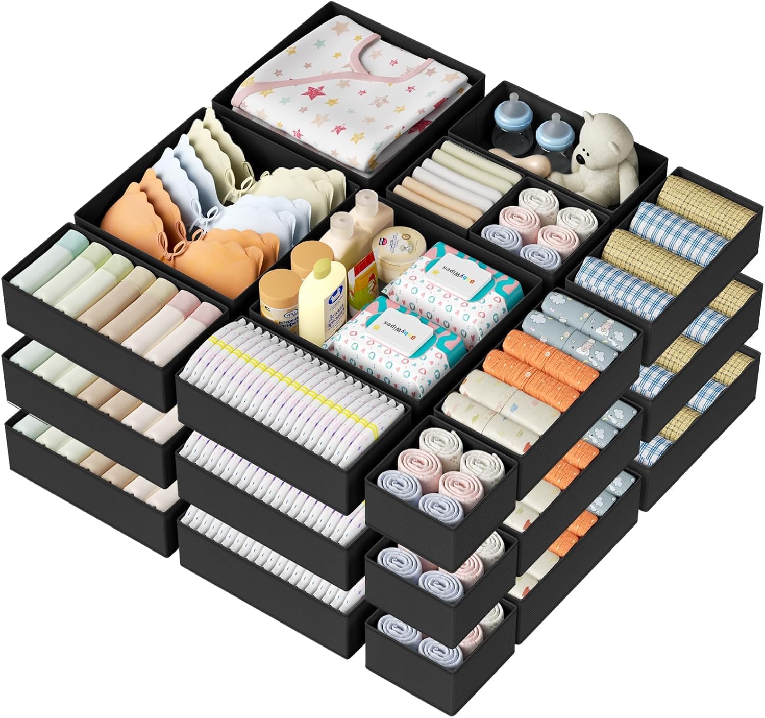 Drawer Organizer Clothes, 12 Pack Dresser Organizer, Foldable Closet Organizers and Storage, Fabric Dresser Bins, Drawer Dividers for Nursery, Baby Clothes, Underwears, Sock (Beige)