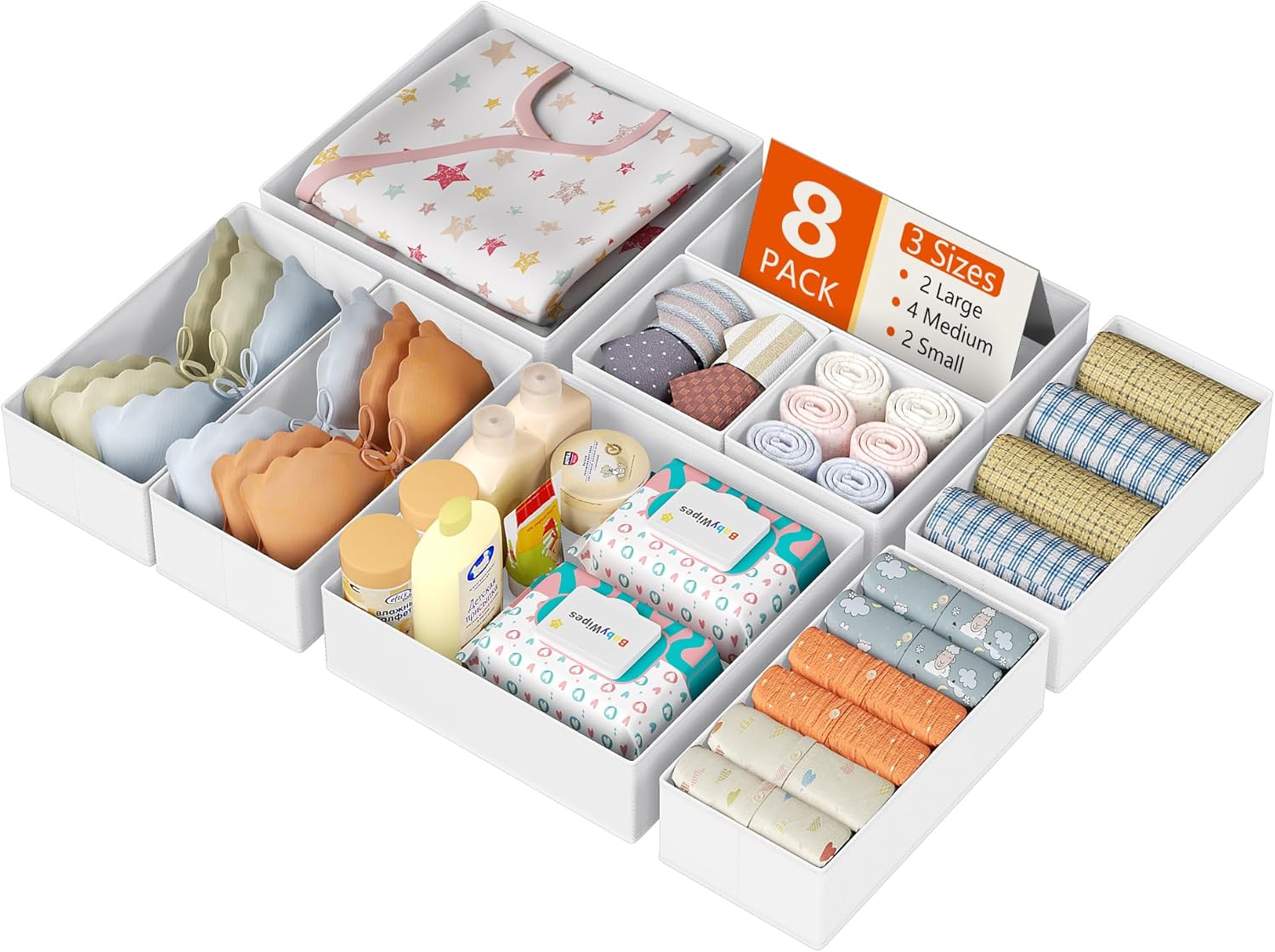 Drawer Organizer Clothes, 12 Pack Dresser Organizer, Foldable Closet Organizers and Storage, Fabric Dresser Bins, Drawer Dividers for Nursery, Baby Clothes, Underwears, Sock (Beige)