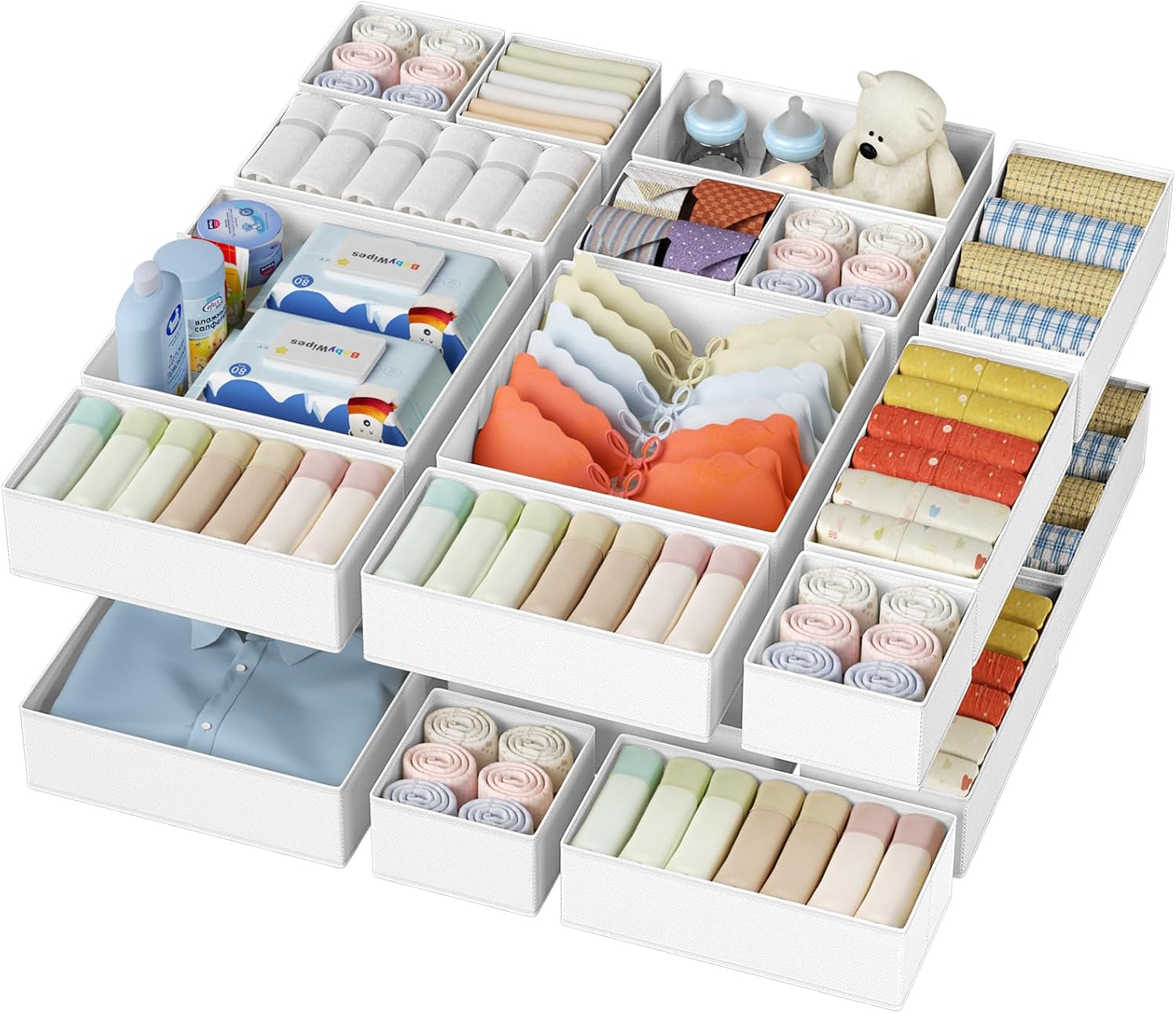 Drawer Organizer Clothes, 12 Pack Dresser Organizer, Foldable Closet Organizers and Storage, Fabric Dresser Bins, Drawer Dividers for Nursery, Baby Clothes, Underwears, Sock (Beige)