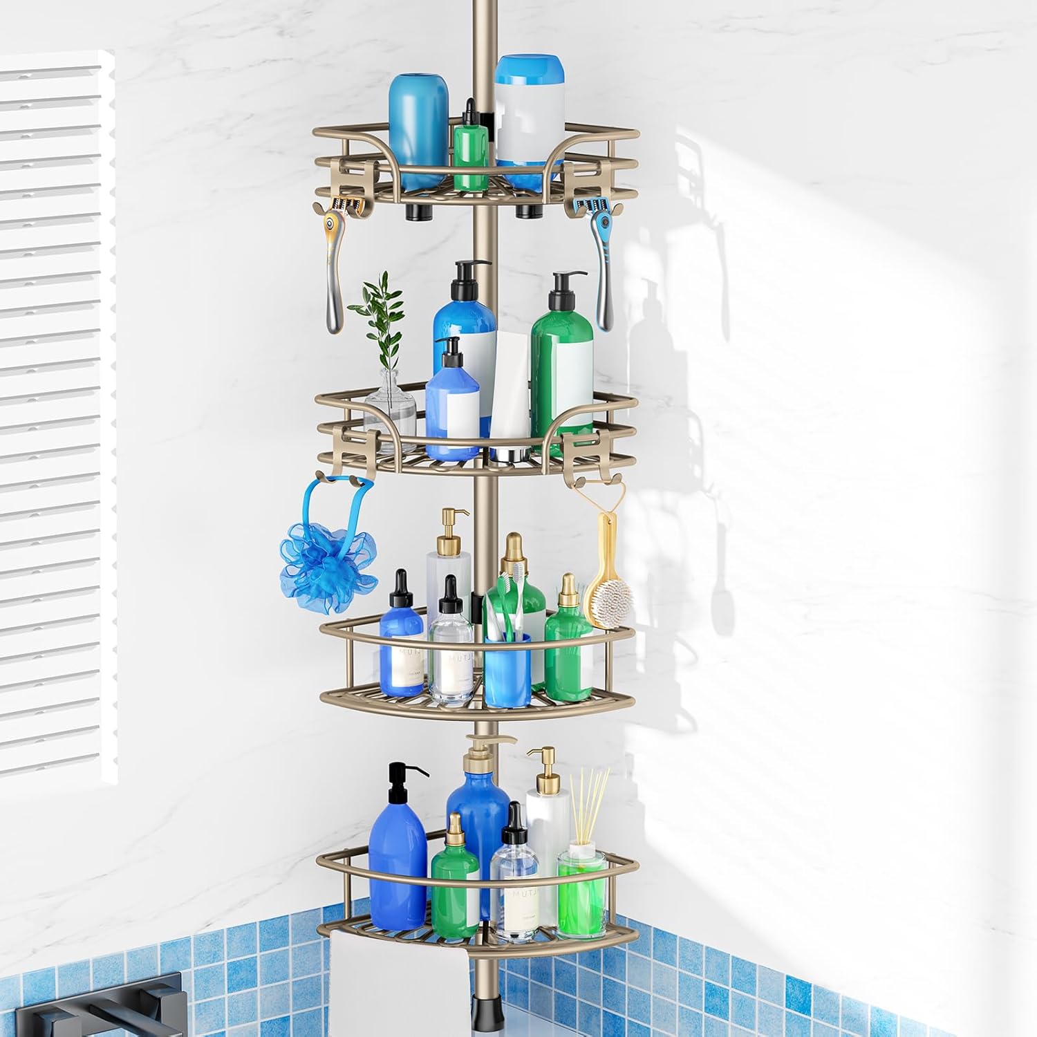 Corner Shower Caddy Tension Pole: 4-Tier Large Capacity Bathroom Organizer Shelf with Towel Bar - Rustproof No-Drill Adjustable 47-123 inch Storage for Renters, Home Bathtub Stand Rack, Black