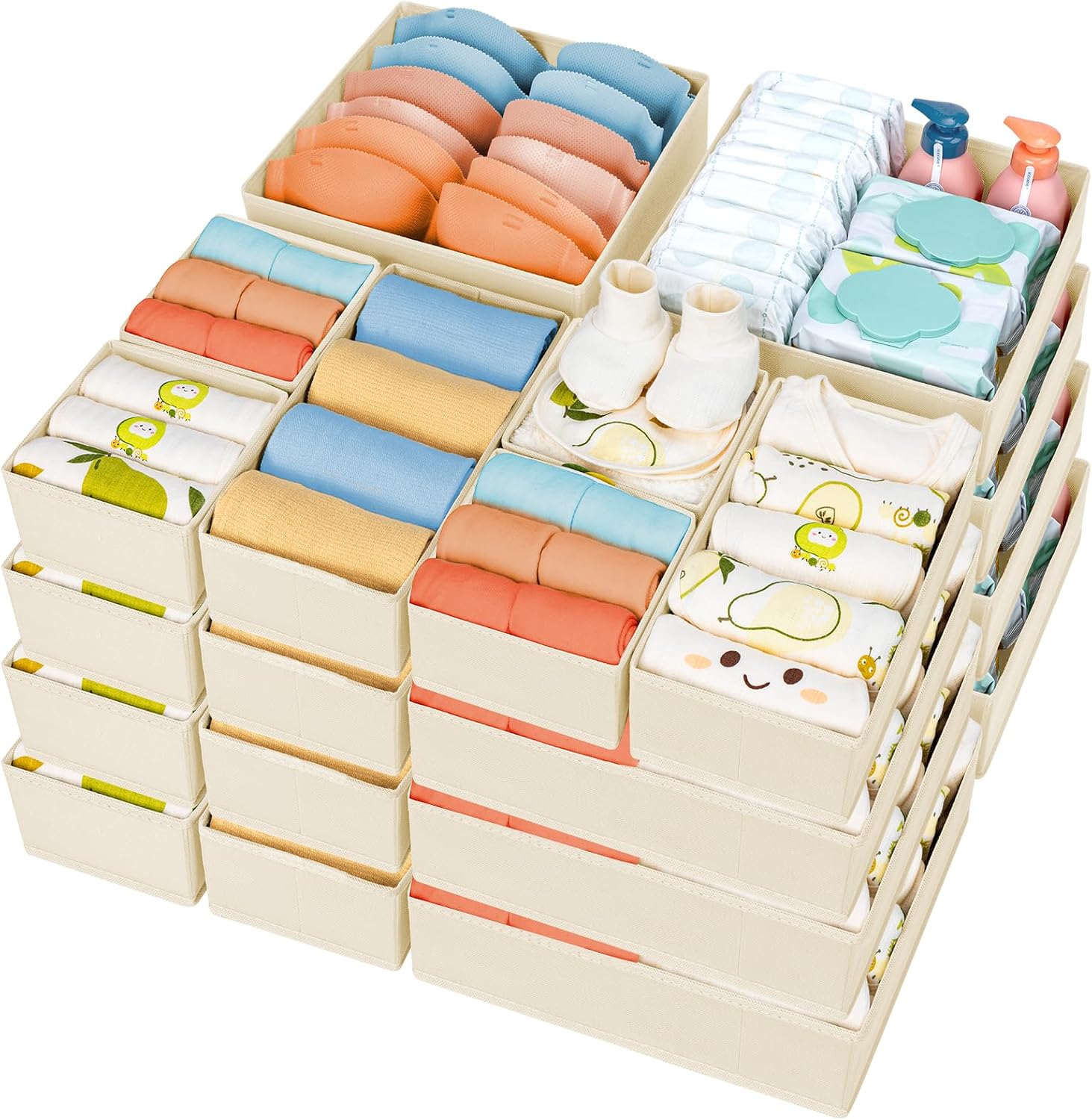 Drawer Organizer Clothes, 12 Pack Dresser Organizer, Foldable Closet Organizers and Storage, Fabric Dresser Bins, Drawer Dividers for Nursery, Baby Clothes, Underwears, Sock (Beige)