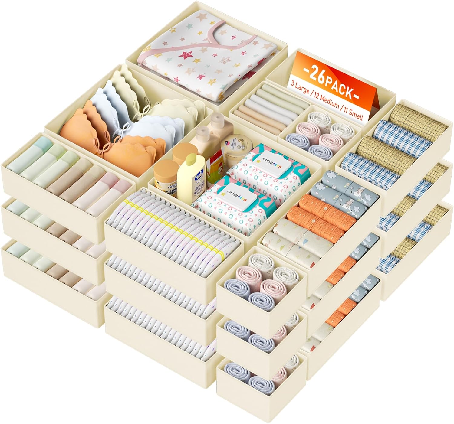 Drawer Organizer Clothes, 12 Pack Dresser Organizer, Foldable Closet Organizers and Storage, Fabric Dresser Bins, Drawer Dividers for Nursery, Baby Clothes, Underwears, Sock (Beige)