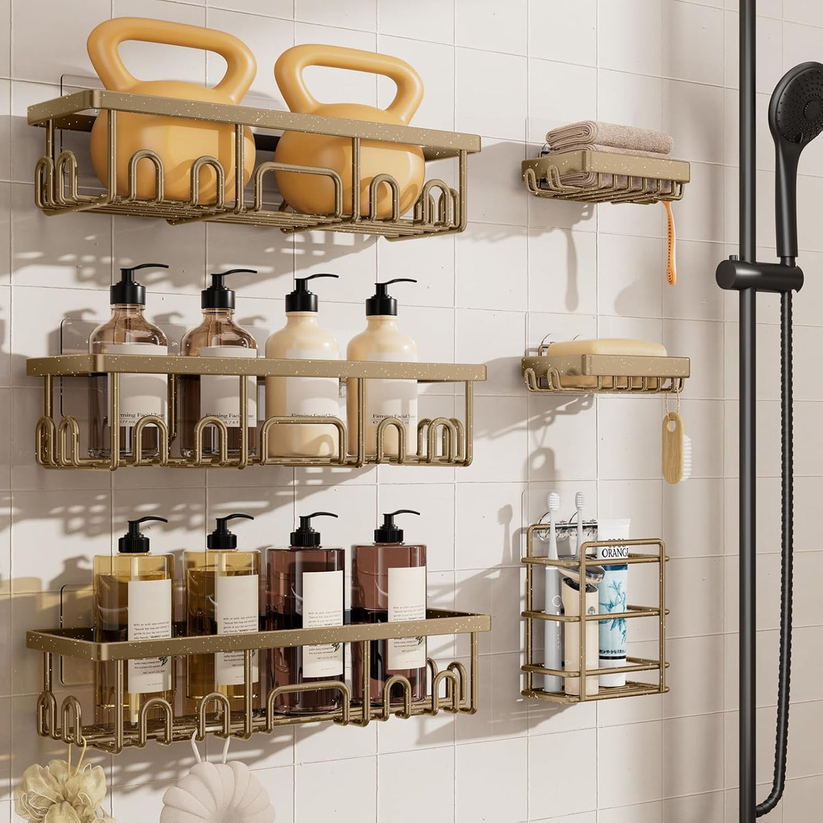Shower Caddy 6-Pack, Advanced Rustproof Design, No Drilling Adhesive Shelves, Rack with Soap Holder, Large Capacity Bathroom Organizers and Storage, Wall-Mounted Kitchen & Home Decor