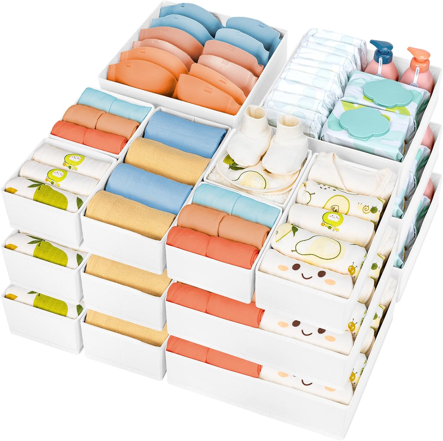 Drawer Organizer Clothes, 12 Pack Dresser Organizer, Foldable Closet Organizers and Storage, Fabric Dresser Bins, Drawer Dividers for Nursery, Baby Clothes, Underwears, Sock (Beige)