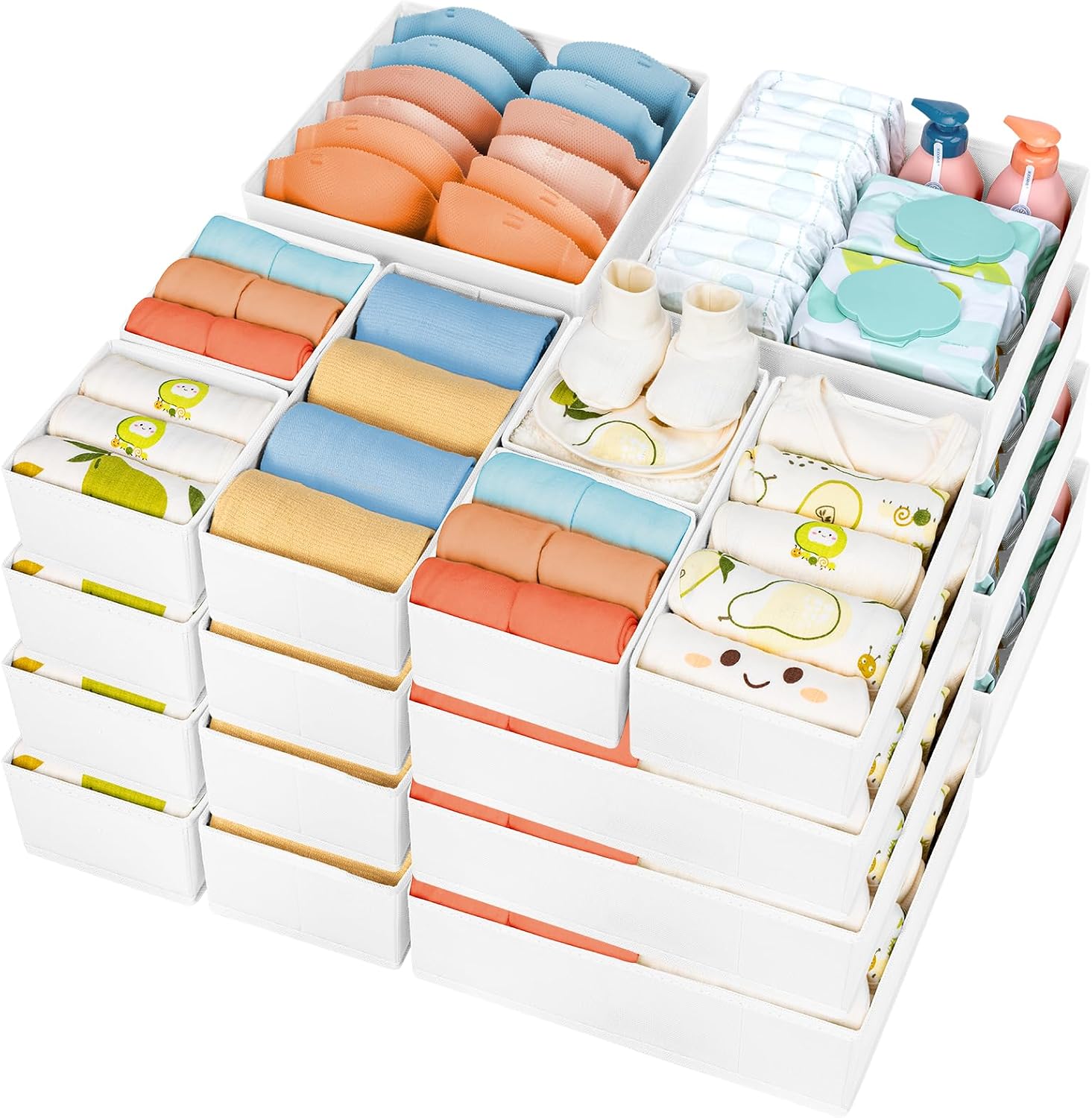 Drawer Organizer Clothes, 12 Pack Dresser Organizer, Foldable Closet Organizers and Storage, Fabric Dresser Bins, Drawer Dividers for Nursery, Baby Clothes, Underwears, Sock (Beige)