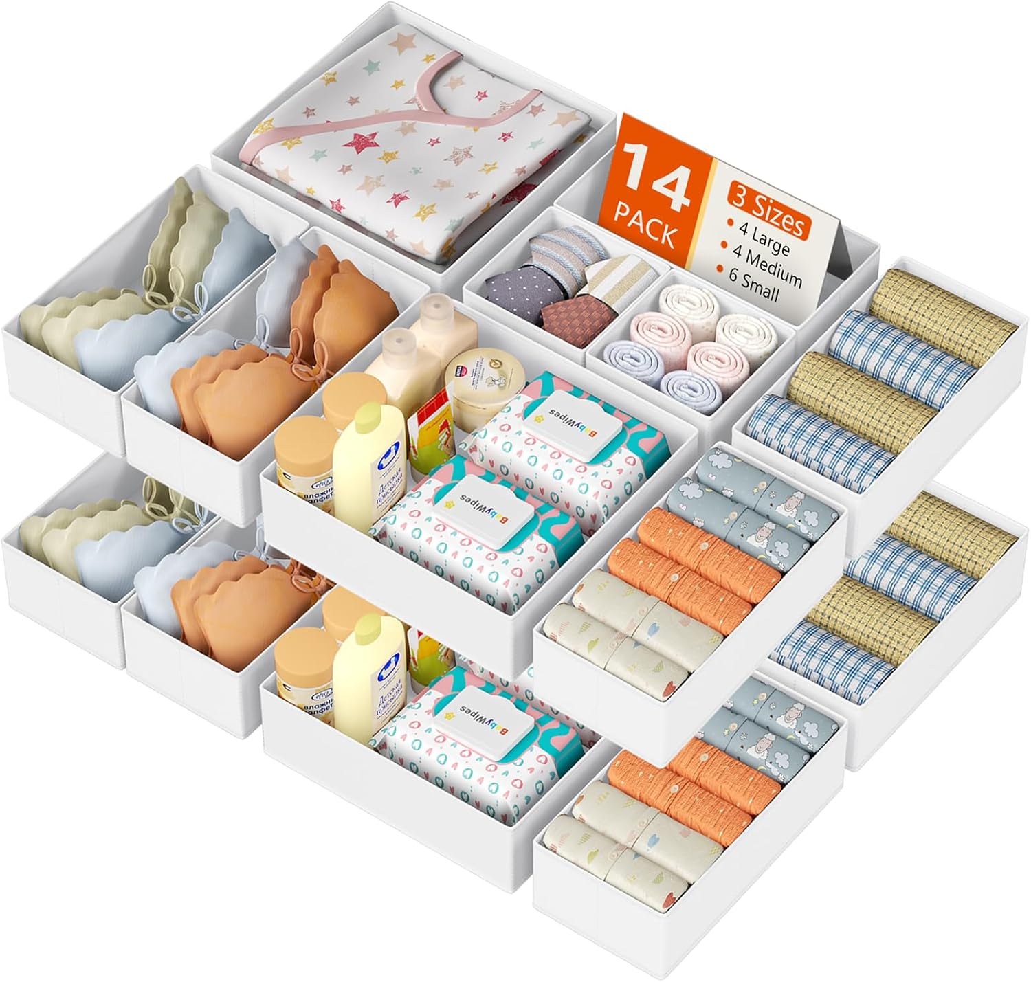 Drawer Organizer Clothes, 12 Pack Dresser Organizer, Foldable Closet Organizers and Storage, Fabric Dresser Bins, Drawer Dividers for Nursery, Baby Clothes, Underwears, Sock (Beige)