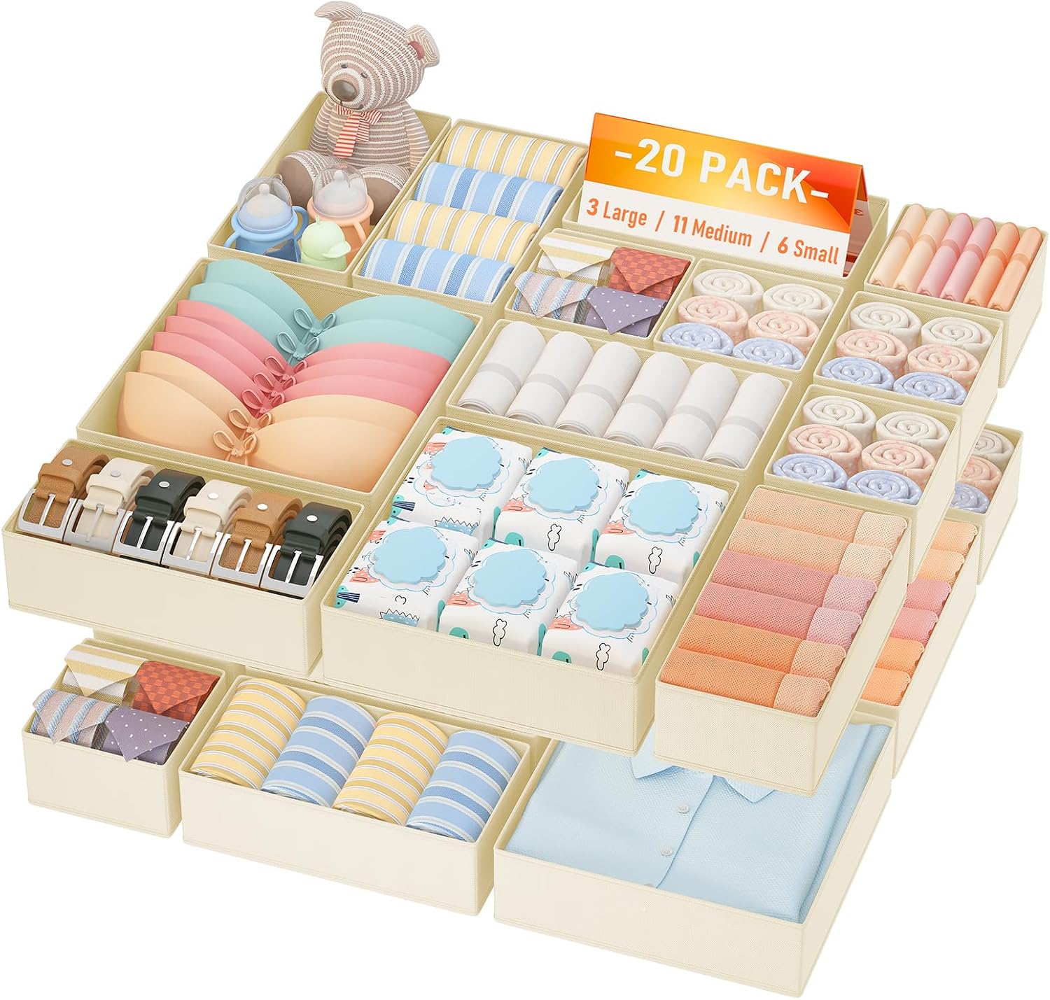 Drawer Organizer Clothes, 12 Pack Dresser Organizer, Foldable Closet Organizers and Storage, Fabric Dresser Bins, Drawer Dividers for Nursery, Baby Clothes, Underwears, Sock (Beige)