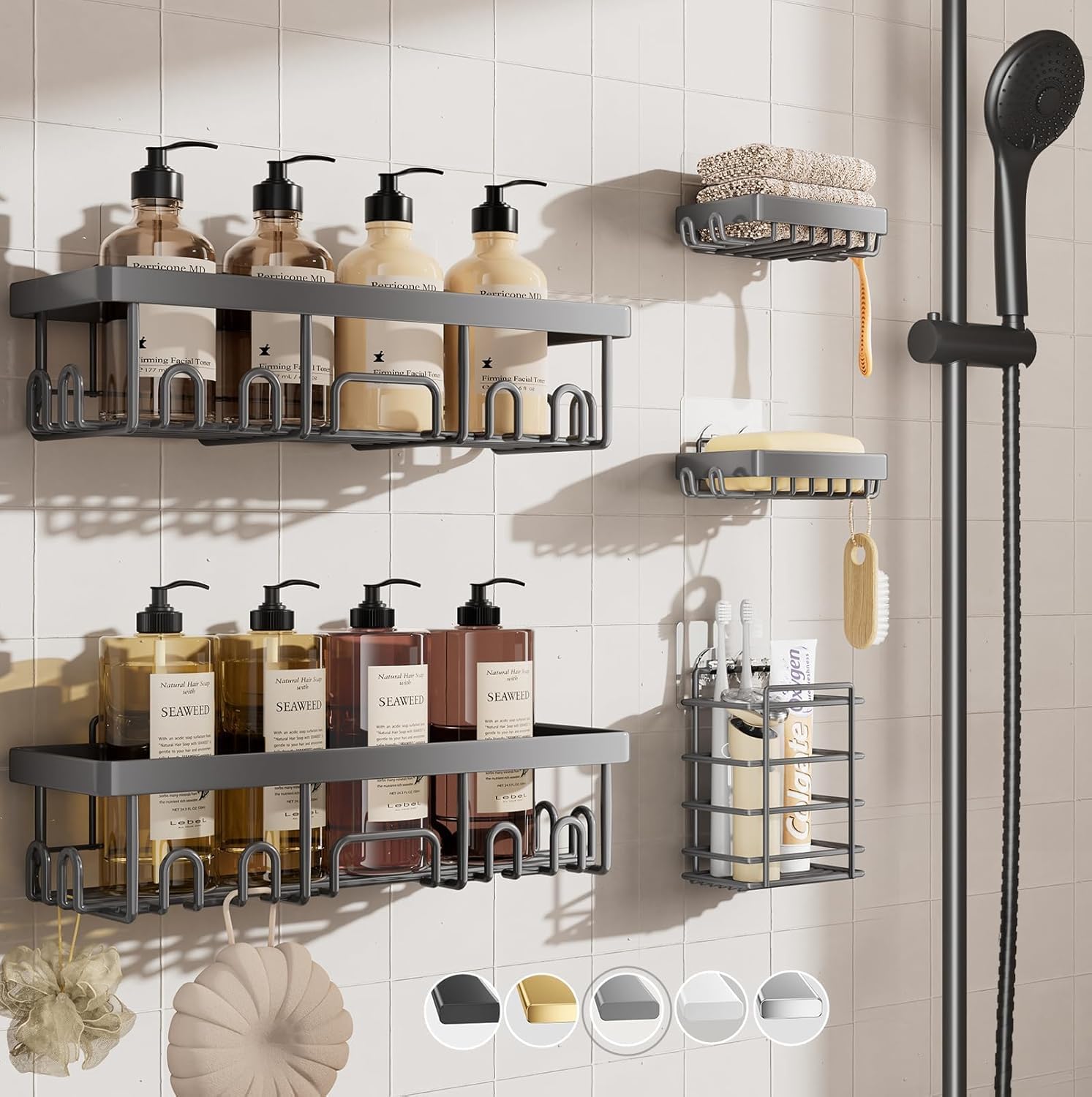 Shower Caddy 6-Pack, Advanced Rustproof Design, No Drilling Adhesive Shelves, Rack with Soap Holder, Large Capacity Bathroom Organizers and Storage, Wall-Mounted Kitchen & Home Decor