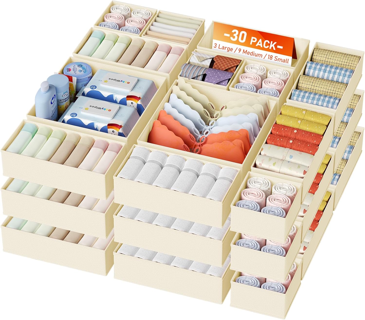 Drawer Organizer Clothes, 12 Pack Dresser Organizer, Foldable Closet Organizers and Storage, Fabric Dresser Bins, Drawer Dividers for Nursery, Baby Clothes, Underwears, Sock (Beige)
