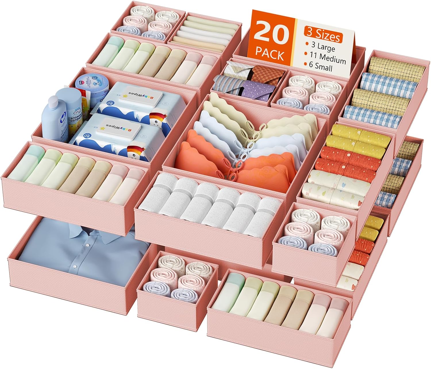 Drawer Organizer Clothes, 12 Pack Dresser Organizer, Foldable Closet Organizers and Storage, Fabric Dresser Bins, Drawer Dividers for Nursery, Baby Clothes, Underwears, Sock (Beige)