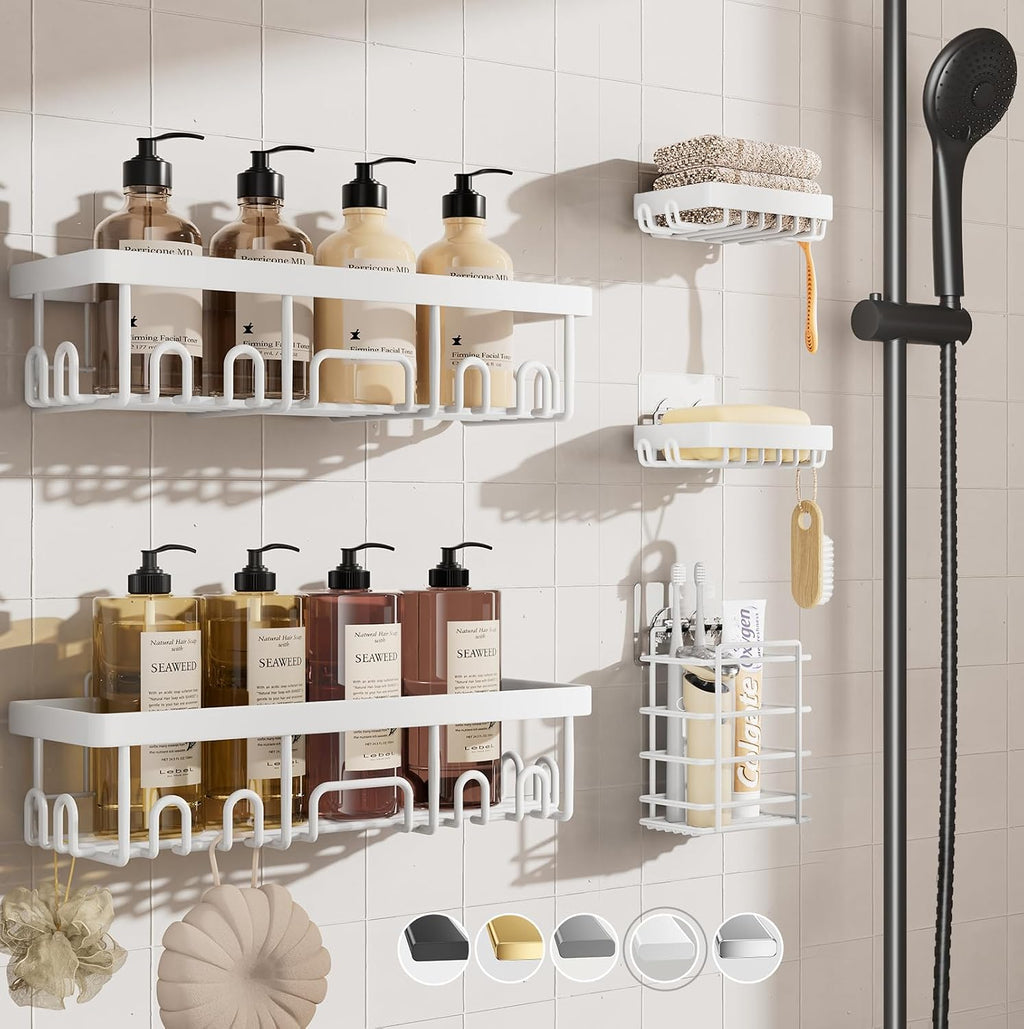 Shower Caddy 6-Pack, Advanced Rustproof Design, No Drilling Adhesive Shelves, Rack with Soap Holder, Large Capacity Bathroom Organizers and Storage, Wall-Mounted Kitchen & Home Decor
