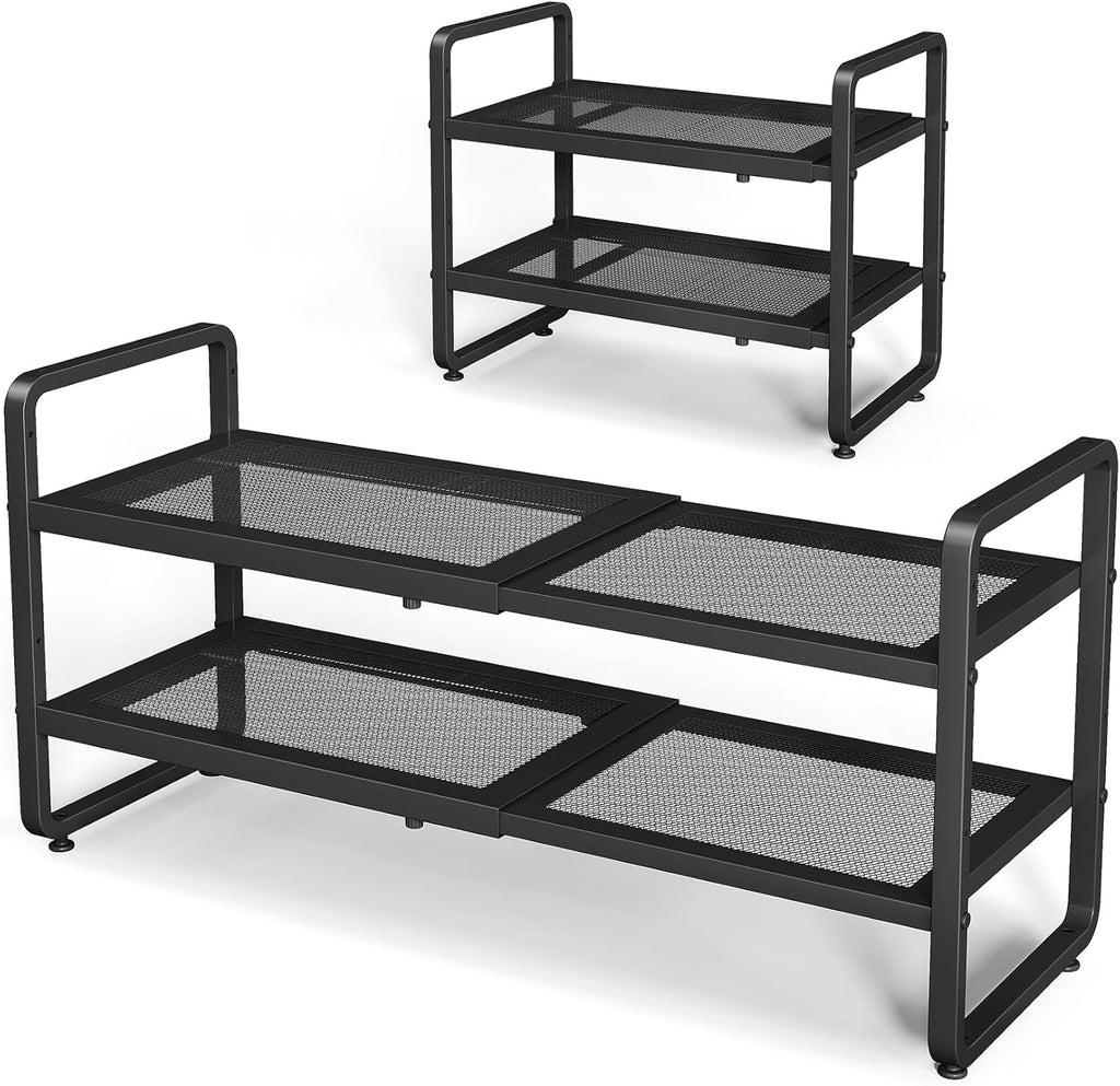 Shoe Rack - Expandable Shoe Organizer for Closet, Adjustable Metal Shoe Shelf Storage, Stackable Long Shoe Stand Holder for Garage, Entryway, Door Entrance (Black, 2-Tier)