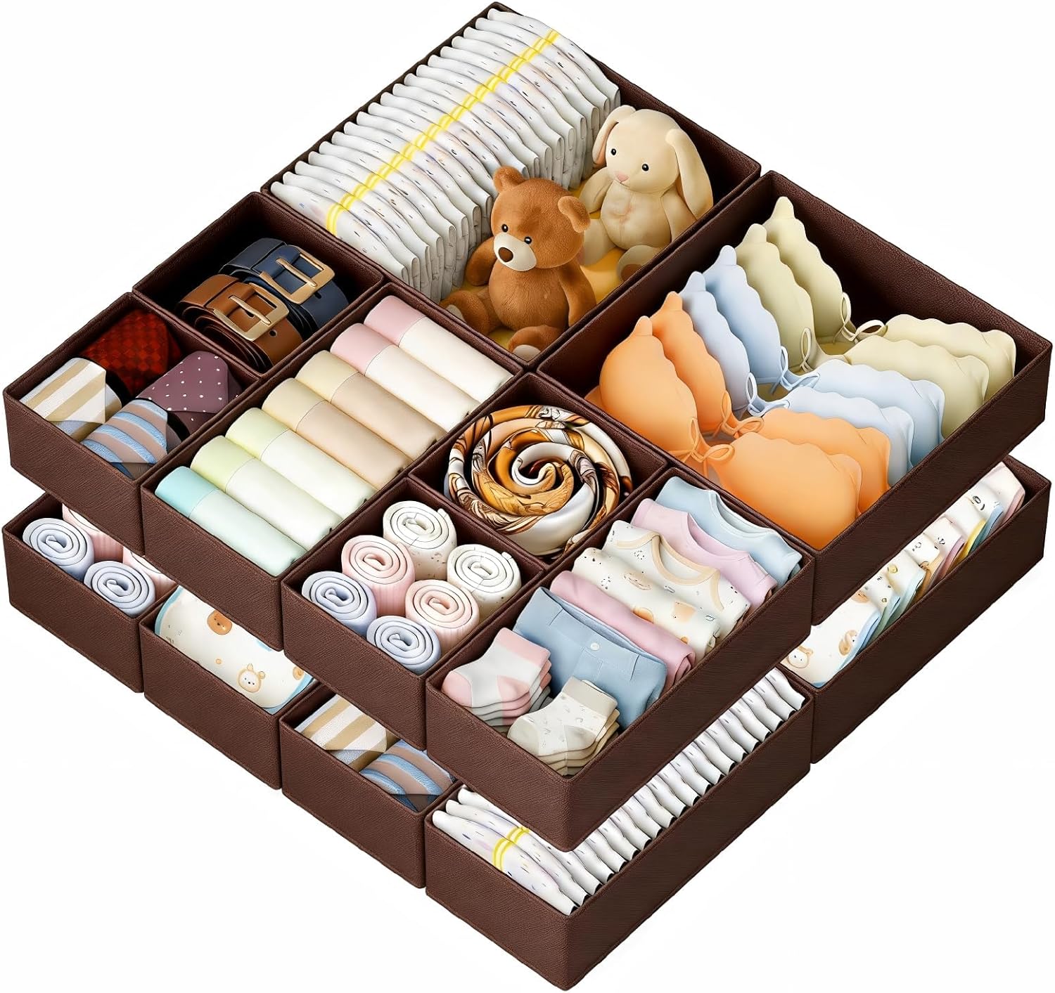 Drawer Organizer Clothes, 12 Pack Dresser Organizer, Foldable Closet Organizers and Storage, Fabric Dresser Bins, Drawer Dividers for Nursery, Baby Clothes, Underwears, Sock (Beige)