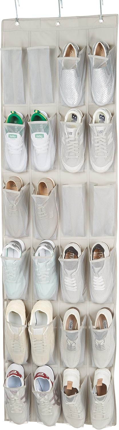 24 Medium Mesh Pocket Over-the-Door Hanging Shoe Organizer, Space Saving Shoe Storage, Light Grey | Over-the-Door