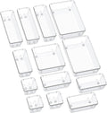 13-Piece Drawer Organizers with Non-Slip Silicone Pads, 5-Size Desk Bathroom Drawer Organizer Trays Storage Tray for Makeup, Jewelries, Utensils in Bedroom Dresser, Office and Kitchen, Clear