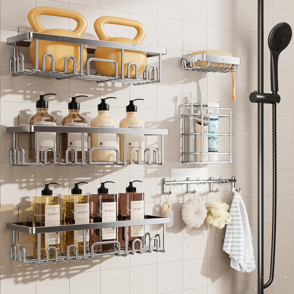 Shower Caddy 6-Pack, Advanced Rustproof Design, No Drilling Adhesive Shelves, Rack with Soap Holder, Large Capacity Bathroom Organizers and Storage, Wall-Mounted Kitchen & Home Decor