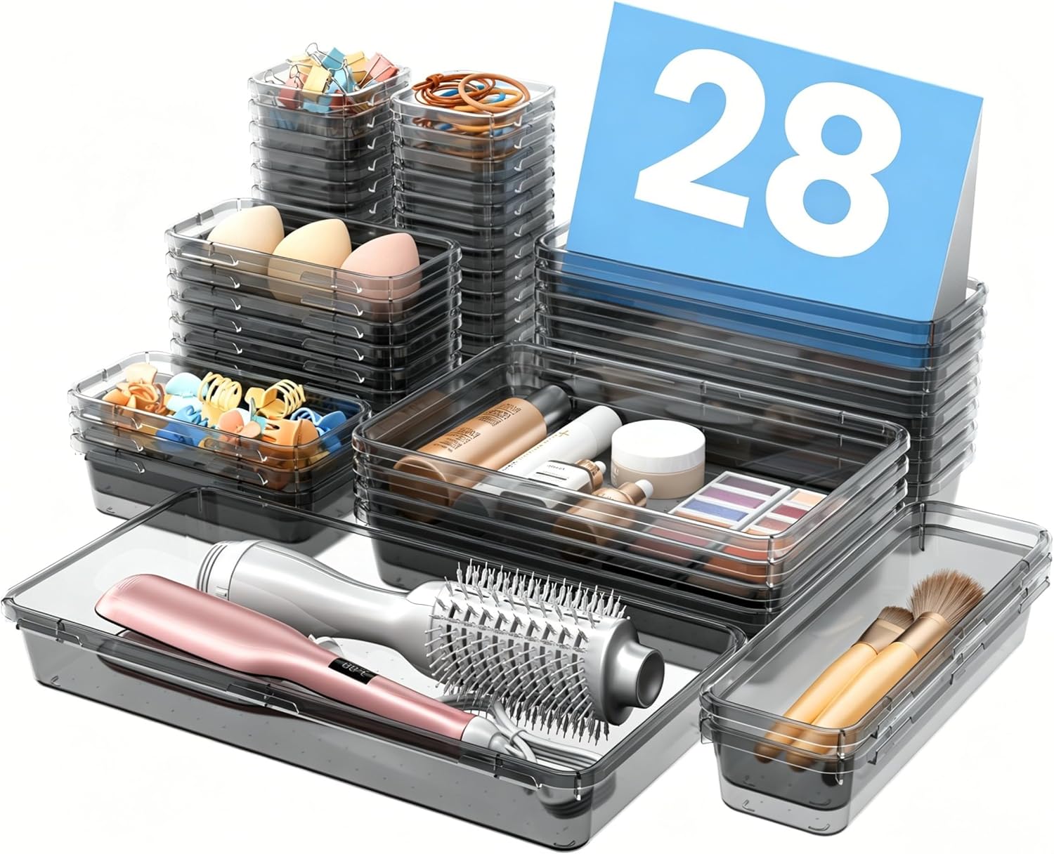 Drawer Organizer, 【𝟱𝗦𝗶𝘇𝗲】 Makeup organizer, 【Holds 177 Items】 Bathroom Organizers and Storage, Organization and Storage, Desk Drawer Organizer for Vanity (Clear)