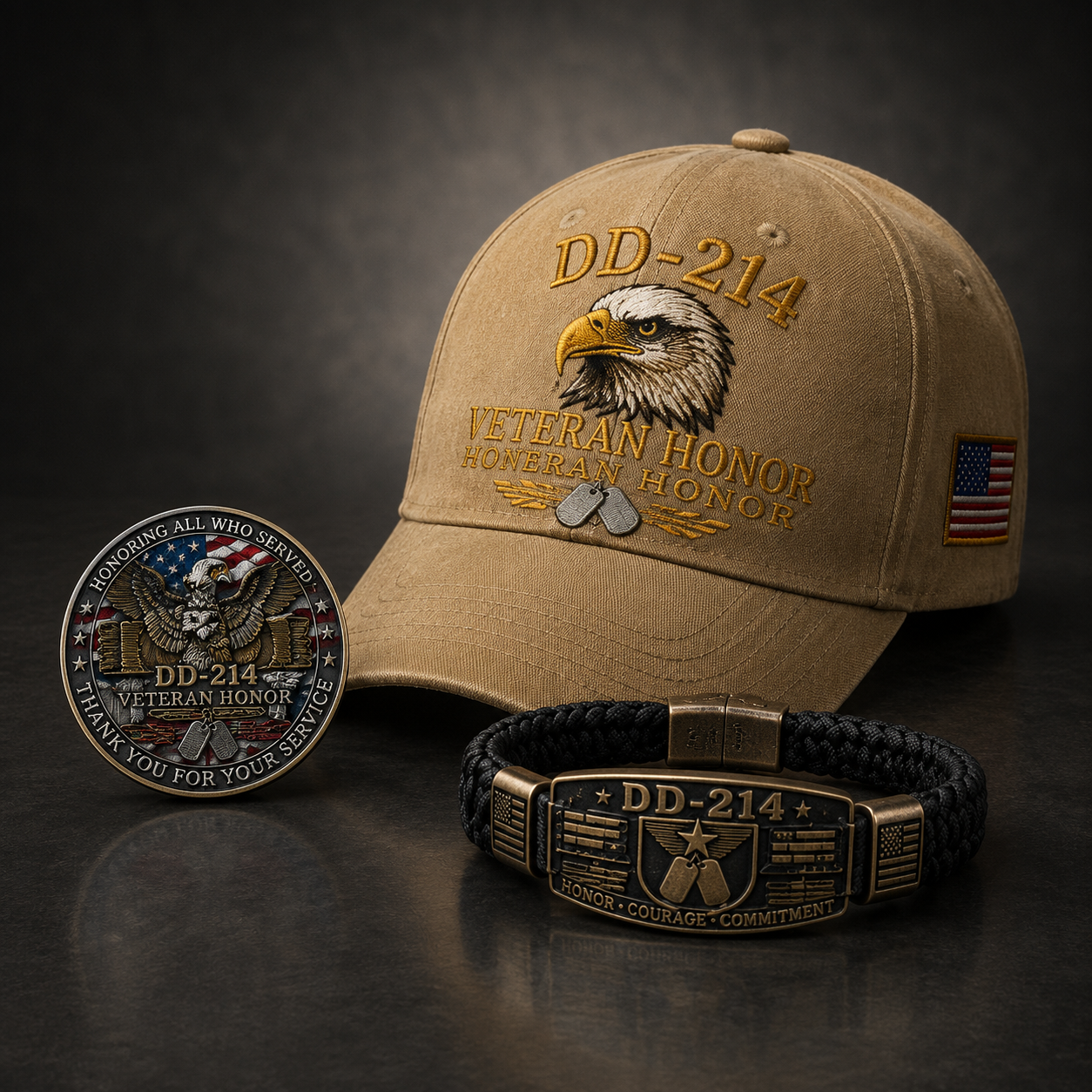 DD-214 Veteran Honor 3-Piece Gift Set – Embroidered Cap, Coin & Bracelet