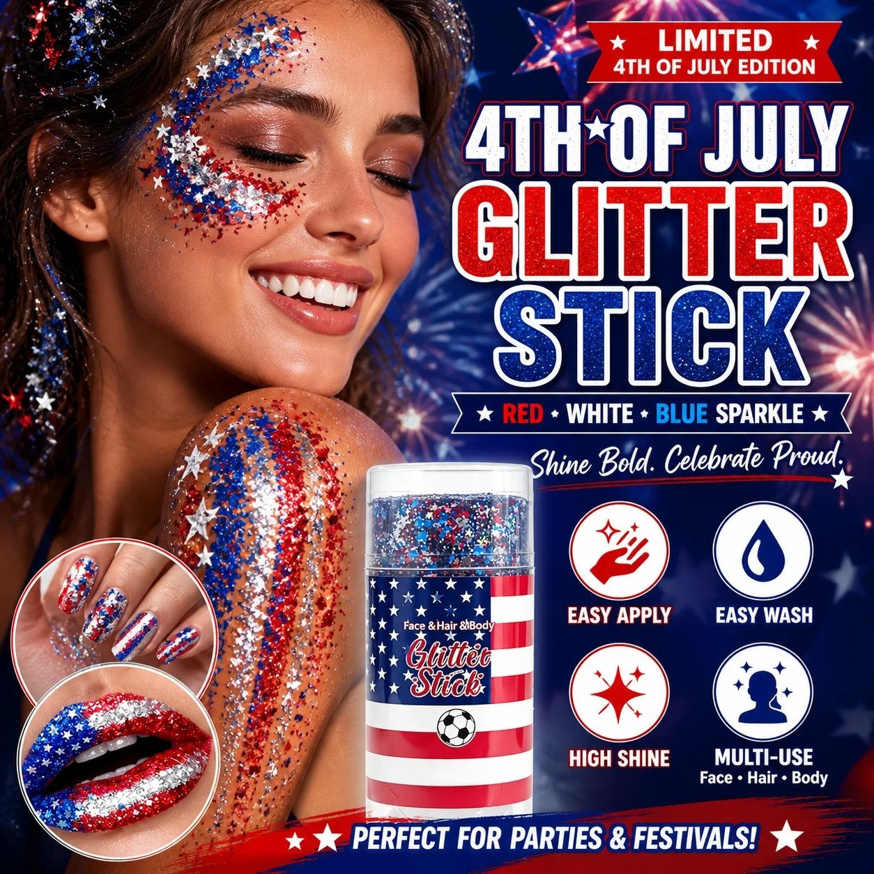 🦅4th of July Glitter Stick✨Red, White & Blue Body & Hair Sparkle.