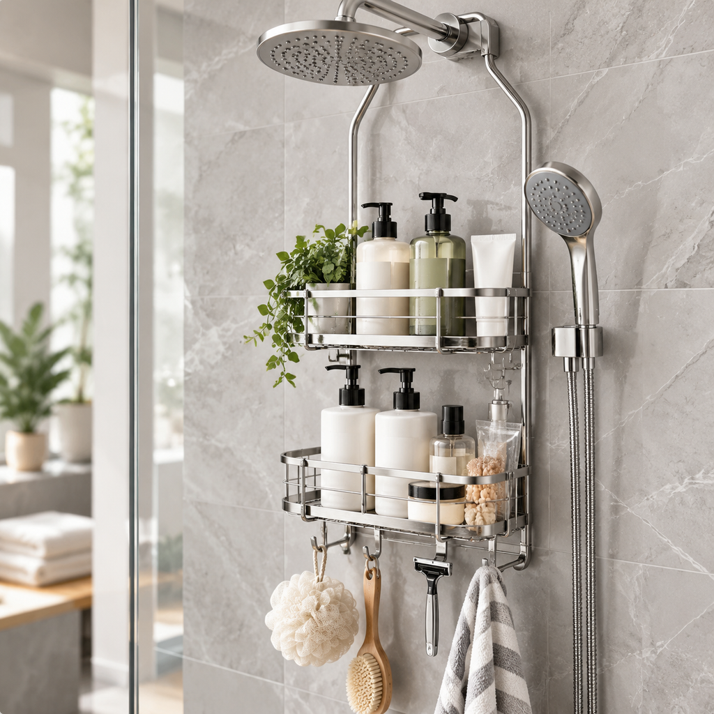 X-Large Adjustable Hanging Shower Caddy, Handheld Showerhead Compatible, Family-Size Bathroom Organizer with 12-Inch Extended Neck, Adjustable Shelves, Rust-Proof Stainless Steel