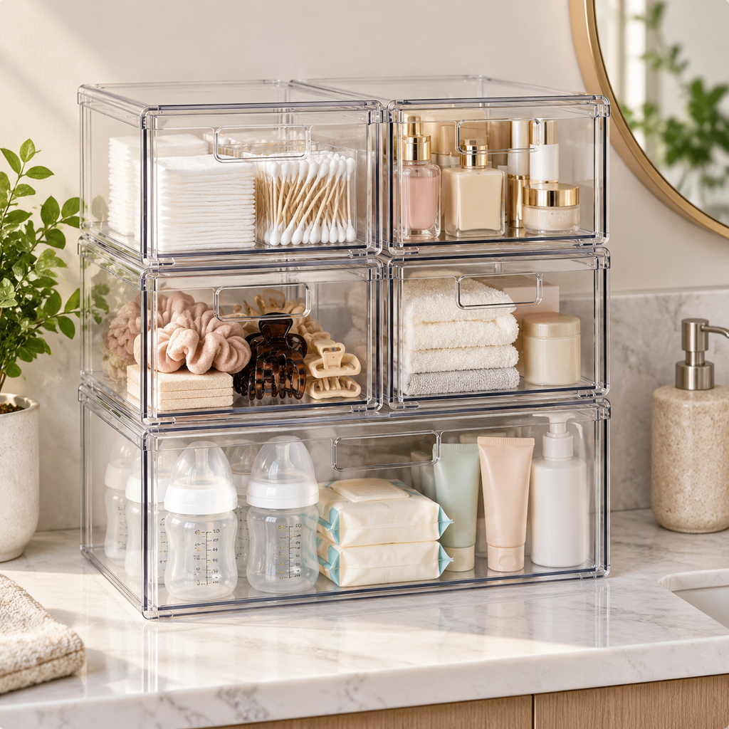 Stackable Storage Drawers Set of 5, Clear Plastic Organizer Bins for Baby Bottle, Beauty Supplies Storage, Ideal for Kichen Countertop, Vanity, Bathroom, Cabinet, Pantry Organization