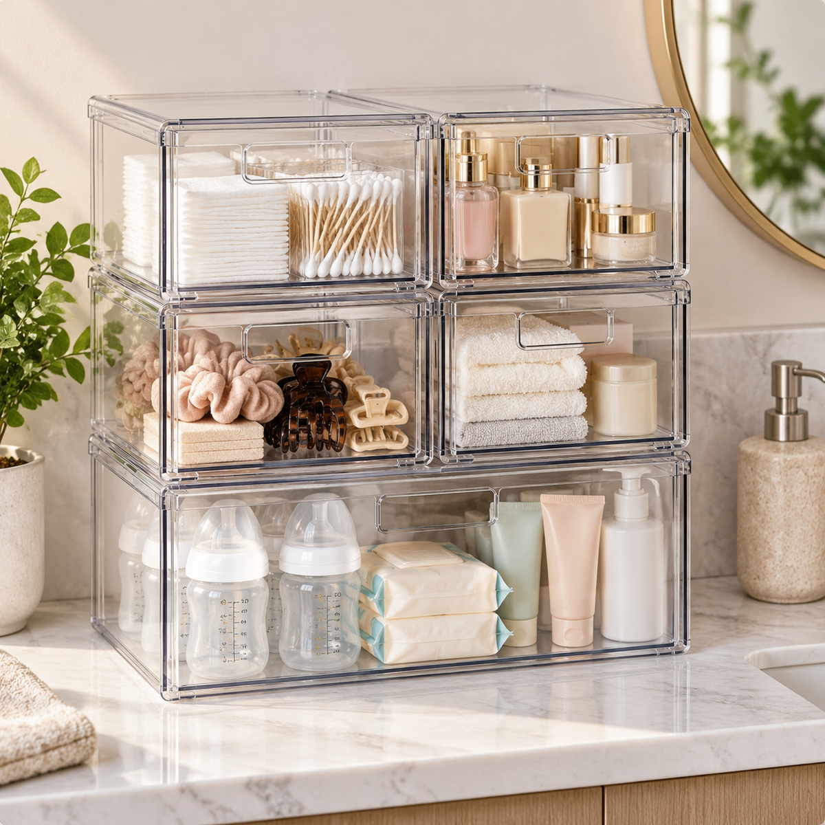 Stackable Storage Drawers Set of 5, Clear Plastic Organizer Bins for Baby Bottle, Beauty Supplies Storage, Ideal for Kichen Countertop, Vanity, Bathroom, Cabinet, Pantry Organization