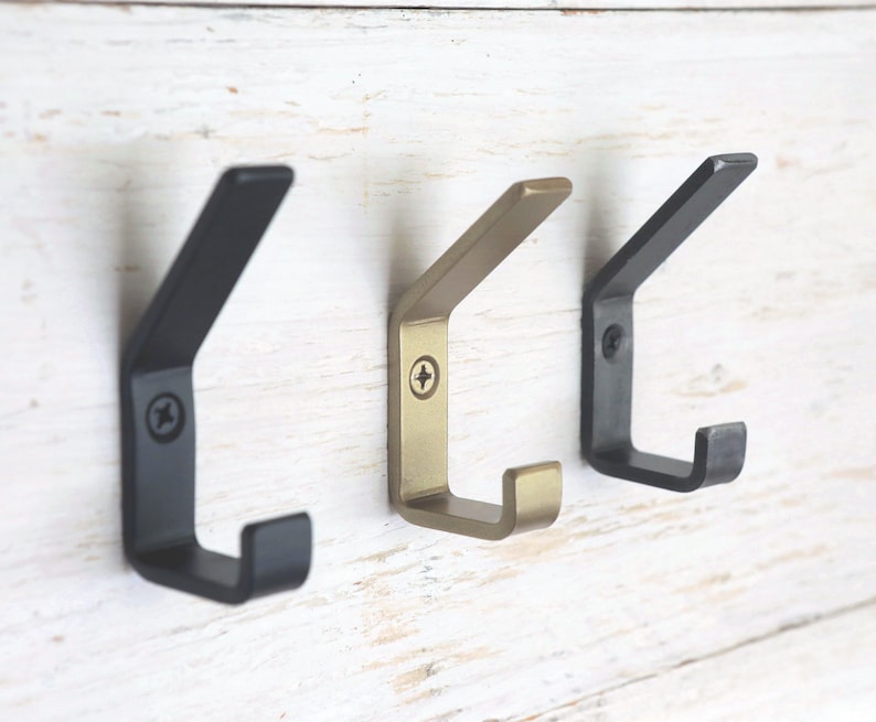 Brass Coat Hook for modern farmhouse walls, cabinets and mudrooms- available in brass, black, and steel