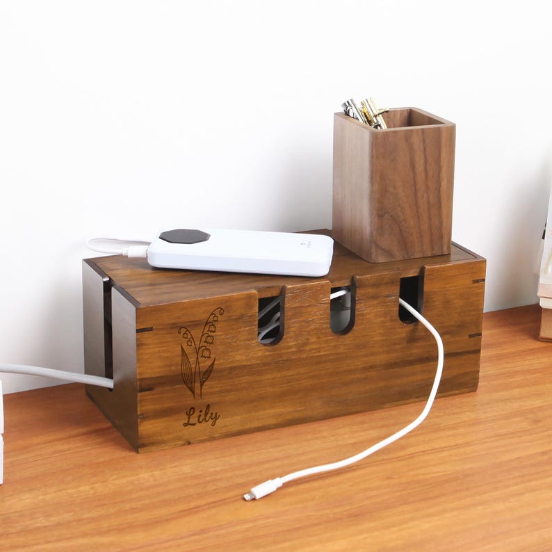 Fathers Day Custom Wood Cable Management Box – Cord Organizer, Cable Holder, Wire Hider Box,Desk Organizer,Gift for Her,Office Gift Decor