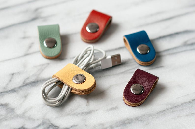 Full Grain Leather Cord Organizer, Colorful Headphone Cable Holder, Snap Tie