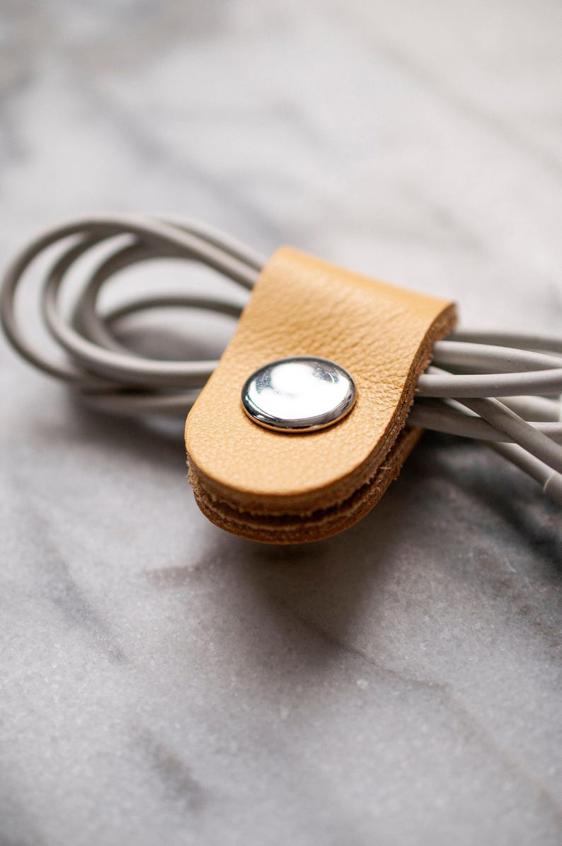 Full Grain Leather Cord Organizer, Colorful Headphone Cable Holder, Snap Tie