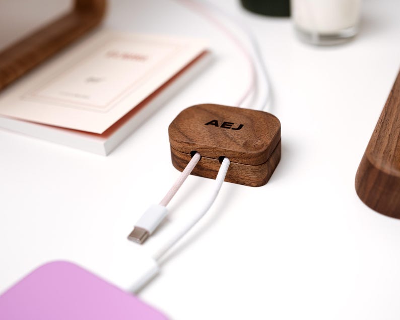 Wooden Cable Organizer, Custom Magnetic Cord Holder, Personalized Wire Management for Desk